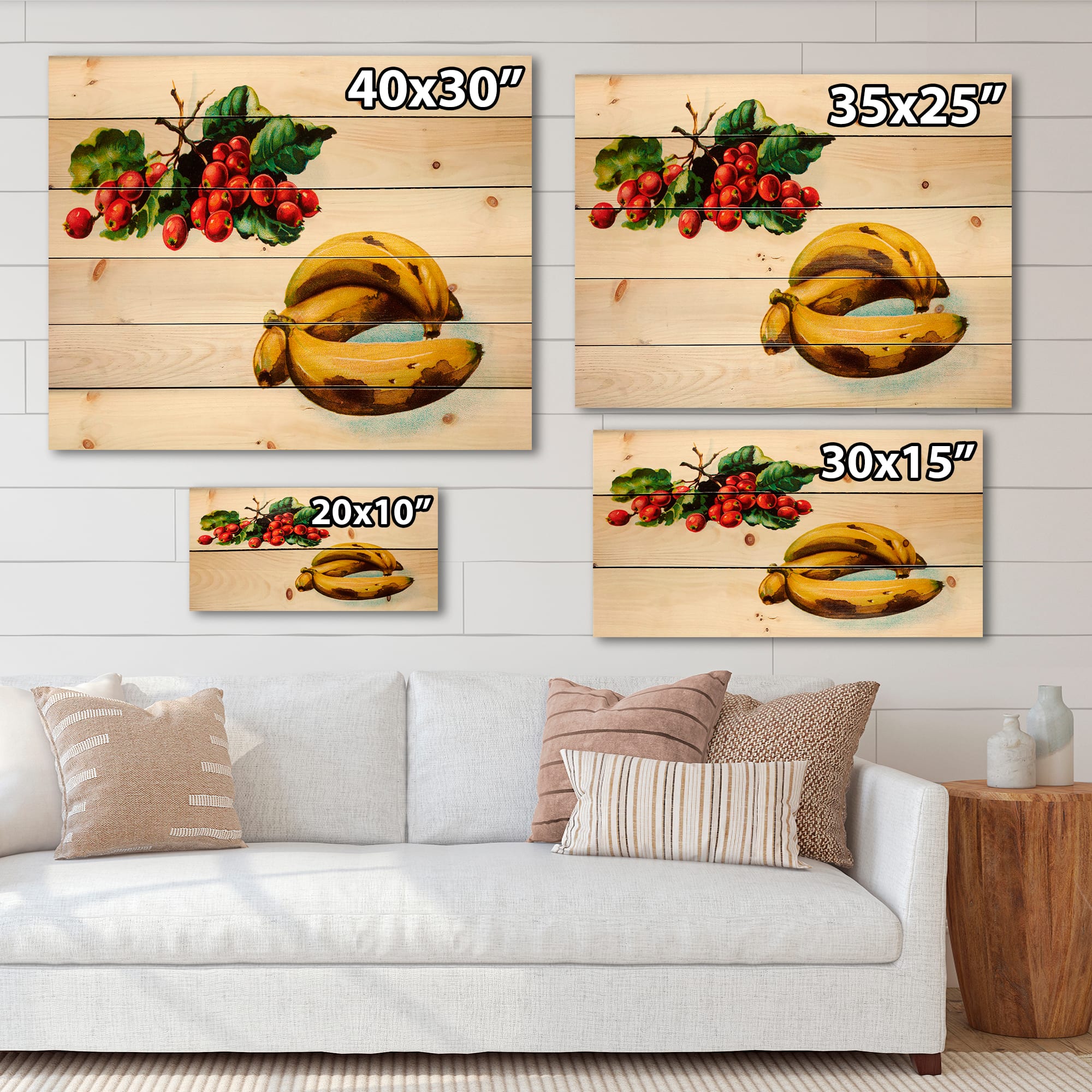 Designart - Banana and Red Berries - Farmhouse Print on Natural Pine Wood